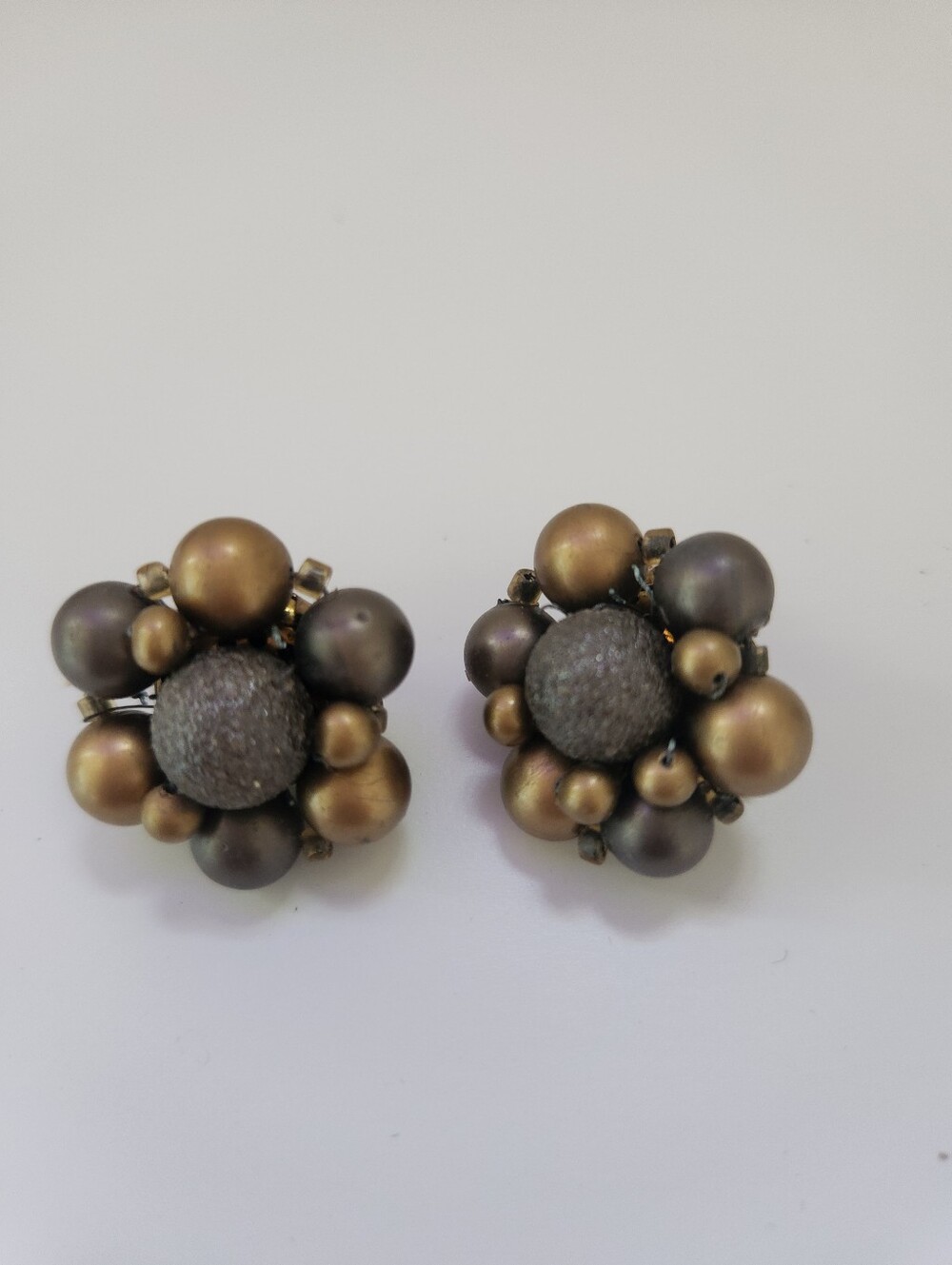 Vintage Japan Bronze Gold Cluster Clip On Earrings Mid Century Statement